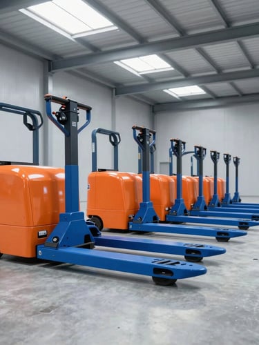 Modern spacious warehouse with a fleet of orange and blue electric pallet jacks lined up neatly under bright natural skylight, clean concrete floor.