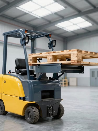 Portrait shot of a heavy-duty yellow electric stacker lifting a wooden pallet high into warehouse steel racks, bright natural warehouse skylight lighting, sharp focus, technical industrial photography