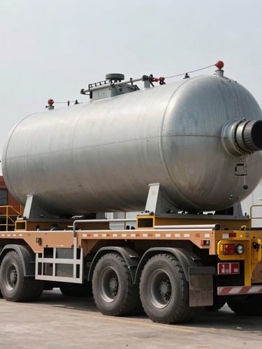 A massive completed pressure vessel secured onto a multi-axle heavy transport vehicle inside the yard, overcast daylight.