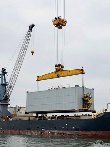 Industrial port side view of a massive modular process skid being hoisted by a heavy-lift ship crane under overcast sky, industrial scale.