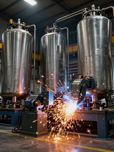 Extreme wide-angle shot of a heavy fabrication bay, intense orange sparks from automated welding machines, towering steel pressure vessels under dramatic high-contrast workshop lighting.