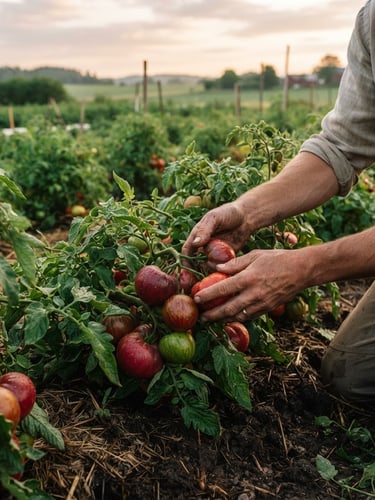 Wide panoramic shot of a farmer's hands gently harvesting dew-kissed heirloom tomatoes in a field at sunrise, soft Scandinavian light, rich soil textures, shallow depth of field, deep crimson and forest green tones, unposed, editorial framing.
