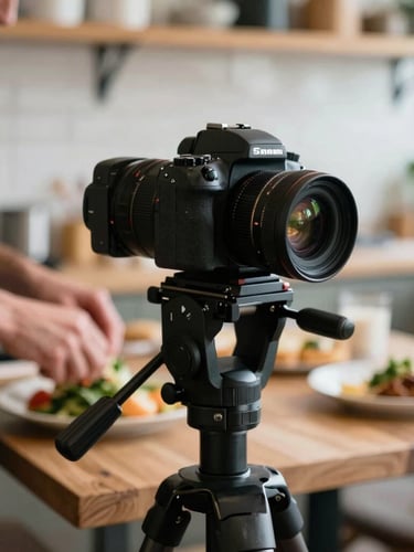 Close-up portrait shot of a camera on a tripod, subtly positioned in a cozy restaurant kitchen, capturing a chef's hands preparing food, soft natural light, rich shadows, unposed.
