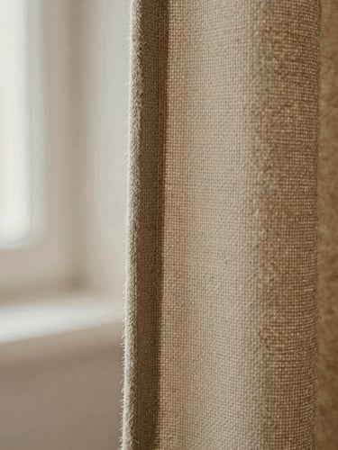 Extreme close-up of raw heavy-weight flax edge, high-contrast weft and warp texture, soft morning window light, warm oatmeal tones