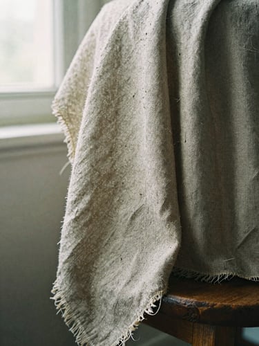 Extreme close-up of heavy raw flax linen draped over a dark oak stool, showing thick thread texture and raw edges under soft morning window light, 35mm film.