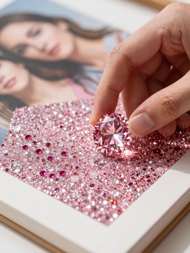 Close-up of a hand placing a sparkling pink resin diamond onto a custom canvas, transitioning from a blurred real photograph background to a highly detailed, glittering 3D mosaic under warm directional light.