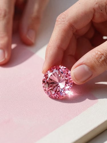 Vibrant editorial photography, close-up of hands placing a glittering pink resin diamond onto a highly detailed canvas, warm directional sunlight highlighting the 3D texture, shallow depth of field