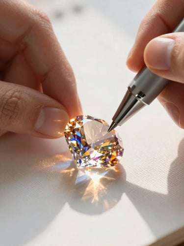 Extreme macro shot of hands placing a glowing resin diamond onto a canvas with a precision pen, warm directional light catching the shimmering facets, shallow depth of field