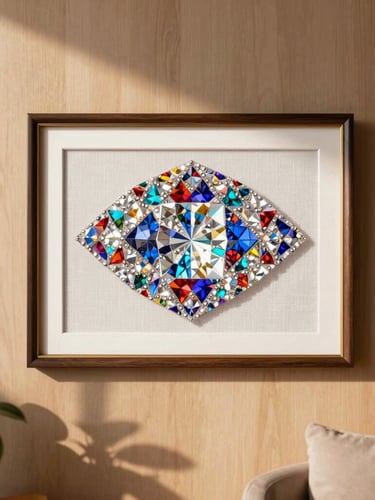 A finished diamond painting framed on a warm wooden wall in a cozy, sunlit living room, soft shadow of indoor plants, elegant and relaxing atmosphere
