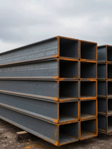 Wide-angle gritty industrial photography of stacked structural steel beams in an outdoor yard, dramatic overcast daylight, desaturated steel tones with sharp safety-orange accents, 35mm