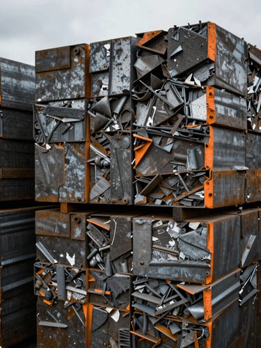 Extreme close-up of compressed scrap metal blocks stacked in an industrial yard, dramatic overcast shadows, desaturated steel textures with safety orange highlights, 35mm