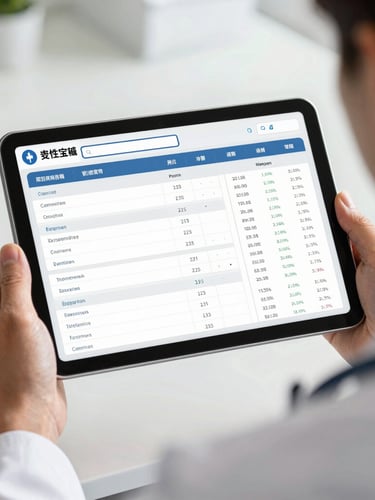 Over-the-shoulder shot of a clinician using a tablet displaying a clean, high-contrast healthcare dashboard with patient data, bright daylight