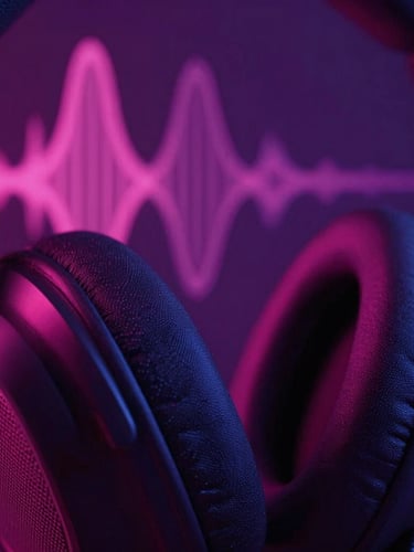 Macro close-up of premium headphone textures and metallic mesh under moody neon pink and deep violet lighting, cinematic 35mm