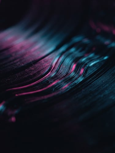Macro photography of a high-end black vinyl record groove, reflecting moody pink and cyan neon light, atmospheric low-key lighting, cinematic 35mm