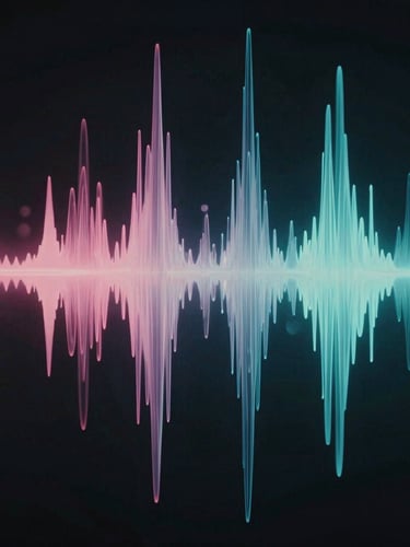 Abstract fluid soundwave pattern glowing with bioluminescent pink and cyan light against a pitch-black background, cinematic macro shot