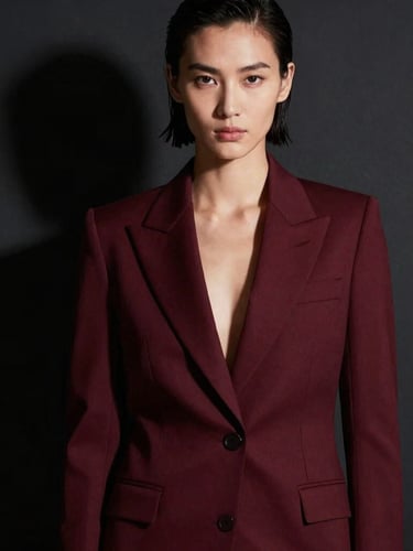High-fashion editorial portrait of a model in a structured burgundy blazer, dramatic studio shadows, sharp focus, 35mm