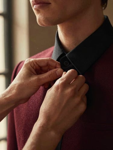 Close-up of a fashion stylist's hands adjusting a structured collar on a model, warm golden-hour window light, soft dust particles in the air, high-fashion editorial texture.