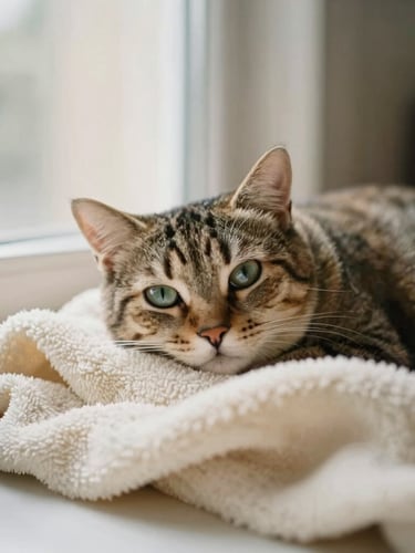 A serene cat resting peacefully on a soft cream blanket near a window, soft natural light reflecting in its eyes, warm cozy home environment, 35mm
