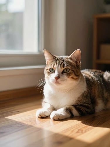 A serene, content domestic cat resting in a sunbeam on a warm wooden floor, cozy home interior, soft natural window light, shallow depth of field, 35mm photography