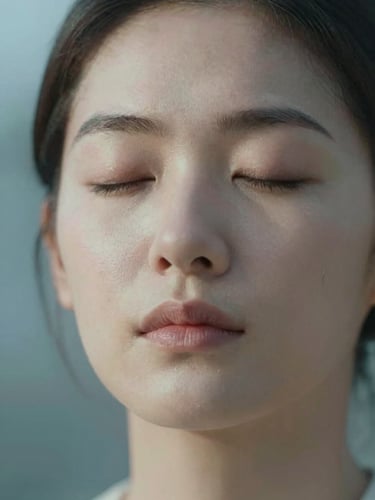 Extreme close-up of a person's closed eyes in quiet focused breathing, soft north-facing daylight across the face, ice-blue ambient light from the left side, calm and resolved expression, minimal background detail, portrait framing