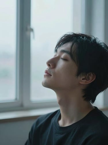 Close-up portrait of a person sitting near a large window, eyes softly closed, face tilted slightly upward in quiet focused breathing, early morning diffused daylight, minimalist interior, ice-blue ambient tone