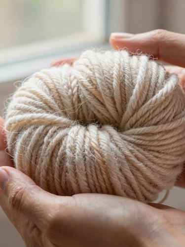 Macro close-up of hands gently holding a soft, organic wool skein, natural warm window light, highlighting the intricate fibers and rich texture, 35mm photography.