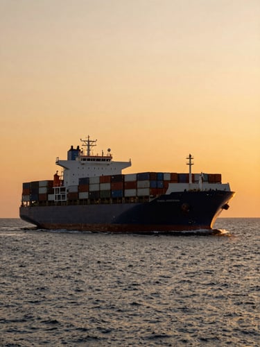 Wide-angle shot of a large container ship moving through calm Mediterranean waters at golden hour, low horizon, containers stacked neatly on deck.