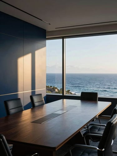 Quiet, high-end boardroom interior with a panoramic ocean view, filtered coastal sunlight, sharp architectural lines, deep navy and gold tones, 35mm lens