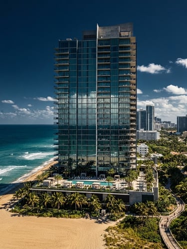 Wide panoramic view of a modern, monolithic glass and concrete high-rise building on the South Florida coast, sharp shadows, direct coastal sunlight, deep navy and gold tones, 35mm lens