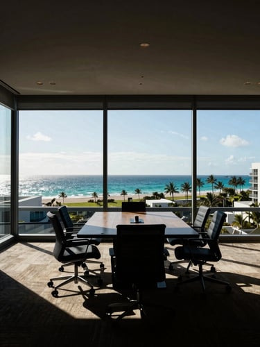 Wide shot of a modern, high-contrast office interior with sharp shadows, a large window overlooking the South Florida coastline, a discreet meeting table, 35mm lens, editorial architectural photography, hard coastal sunlight.