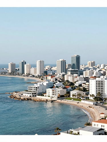 Wide panoramic shot of Alexandria coastline merging into North Coast resorts, showing a modern, clean cityscape and coastal homes under bright natural light, with a subtle overlay indicating service areas.