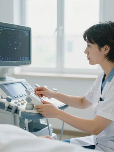 A professional medical technician gently adjusting a portable ultrasound machine near a patient's bedside in a bright, clean home setting, natural window light, soft blue and white tones, portrait aspect, focus on the technician's hands and device.