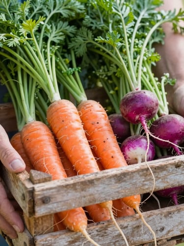 Close-up of weathered hands holding a rustic wooden crate filled with vibrant, freshly harvested carrots and radishes, soft morning light