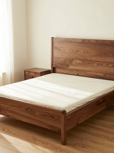 Warm editorial furniture photography of a solid rubberwood king bed with deep box storage, walnut finish, in a bright bedroom with soft morning light, 35mm