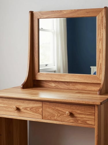 Warm editorial furniture photography of a rubberwood dressing table with a tall mirror unit, natural finish, staged in a clean domestic setting, 35mm