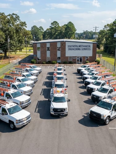 A wide environmental shot of a fleet of clean, organized utility trucks parked outside the Southern Mechanical Engineering Services office in Thomasville, Georgia, bright natural daylight, sharp depth of field.