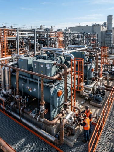 Wide environmental shot of a massive industrial HVAC chiller installation, copper piping arrays, crisp daylight, high-contrast cool tones with safety orange accents, sharp depth of field.