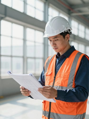 A licensed mechanical engineer in high-visibility safety gear and hardhat reviewing technical blueprints on a tablet inside a bright, modern industrial facility, crisp industrial photography.
