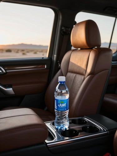 Primer plano del interior de una SUV de lujo impecable con asientos de piel, una botella de agua fría de cortesía en la consola y luz cálida del atardecer de Baja California a través de la ventana.