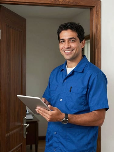 A polite technician in a neat blue uniform smiling at a home doorway in Bogotá, holding a digital tablet.