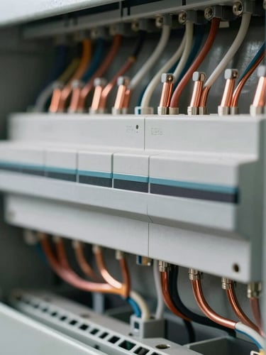 Macro close-up of a modern, perfectly organized electrical panel, clean copper wiring routed in parallel, crisp daylight illumination, technical precision.