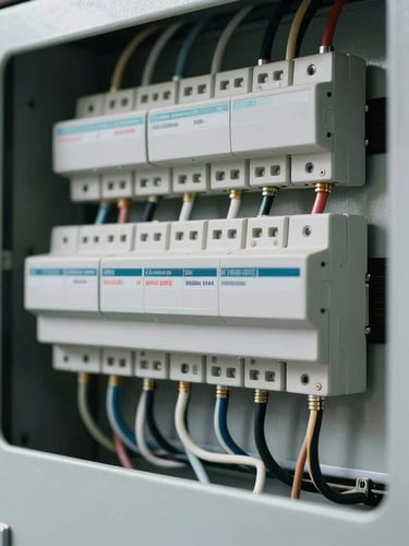 Macro close-up of a modern, perfectly organized electrical distribution panel with clean wire routing and clear labeling under bright daylight.