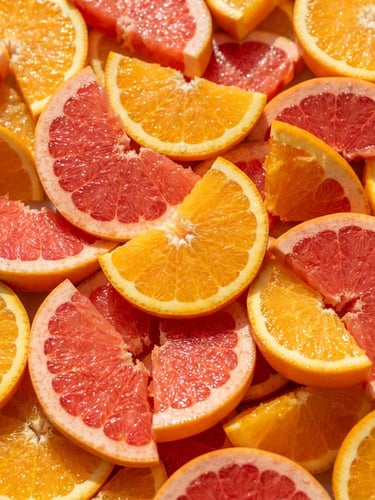Macro flat-lay of dew-kissed sliced oranges and grapefruits glistening under bright natural sunlight, vibrant citrus textures, high-key food photography