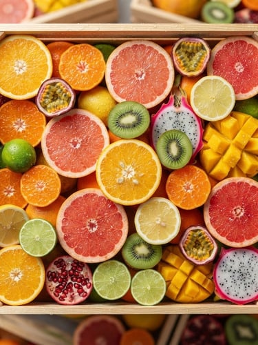 Macro overhead shot of glistening, dew-covered citrus halves and tropical fruits in clean modern wholesale crates, bright natural sunlight