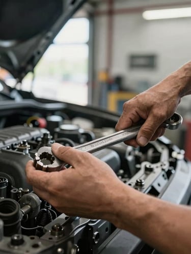 Close-up of a master mechanic hands using a wrench on a car engine under natural light from the garage door, industrial workshop background