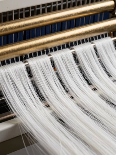 Macro studio shot of raw cotton and polyester threads feeding into a modern loom, high-contrast lighting with metallic gold highlights, sharp focus, 85mm lens