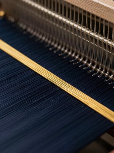 Macro close-up of dark navy threads on a modern industrial loom, metallic gold highlights, sharp focus, premium editorial photography, high-contrast studio lighting, 85mm lens