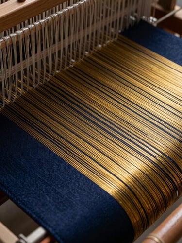 Macro photograph of deep navy and gold threads on an industrial loom, high-contrast studio lighting with metallic highlights, sharp focus on the weave texture, premium editorial style, 85mm lens