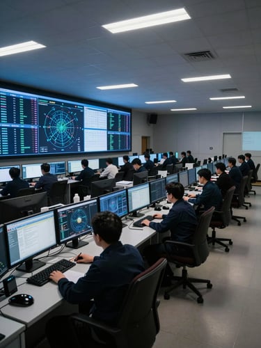 Wide panoramic view of a live security operations center at night, rows of multi-monitor workstations showing threat dashboards and network maps, operators in dark professional attire at their stations, cool blue monitor glow and overhead fluorescent light casting precise shadows across the command floor, low horizon line with the room receding into depth on the right side