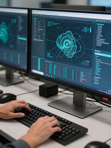 Close-up environmental shot of a live SOC workstation, multiple monitors showing network topology maps and real-time threat scoring dashboards in electric cyan on dark backgrounds, analyst hands visible on keyboard in foreground, cool monitor glow illuminating the immediate space